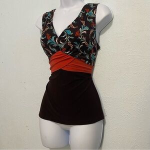 Brown and orange floral print V-neck tank top